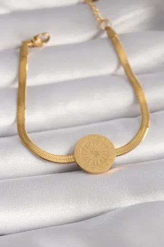 316L Çelik Gold Renk İtalyan Zincir Model İşlemeli Madalyon Figür Kadın Bileklik TJ-BB5933