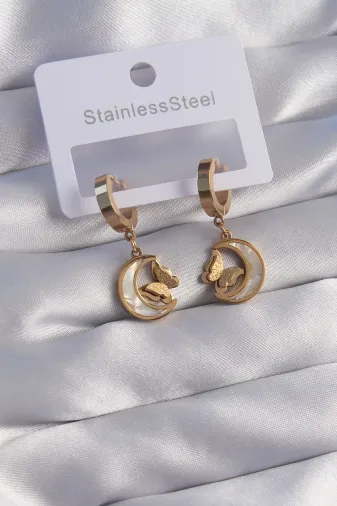 316L Çelik Gold Renk Mineli Ay Figürlü Küpe - TJ-BKP9067