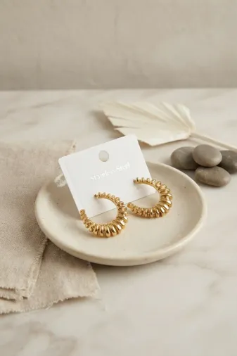 316L Çelik Gold Renk Tırtıklı Halka Model Küpe TJ-BKP12019