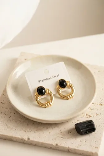 316L Çelik Gold Renk Vintage Siyah Taşlı Küpe TJ-BKP12053