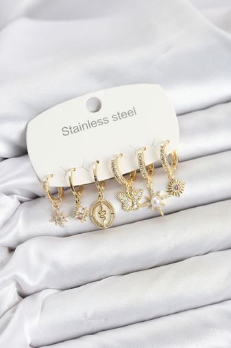 316L Çelik Gold Renk Zirkon Taşlı Charm Detaylı Kadın Küpe Seti