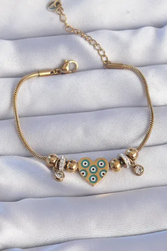 316L Çelik Gold Renk Zirkon Taşlı Nazarlı Kalp Tasarımlı Bileklik TJ-BB6199