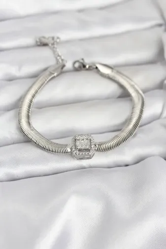 316L Çelik Gümüş Renk Baget Zirkon Taşlı Yılan Zincirli Kadın Bileklik TJ-BB8155