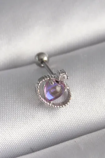 316L Çelik Gümüş Renk Mor Mineli Kalp Zirkon Taş Detay Tragus Piercing TJ-PR1273