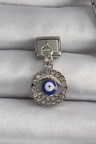 316L Çelik Gümüş Renk Sallantı Zirkon Taşlı Göz Model Nazar Boncuk Detay Nomination Charm TJ-BC1121