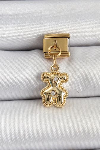 316L Çelik Sallantılı Zirkon Taşlı Ayıcık Model Gold Renk Nomination Charm