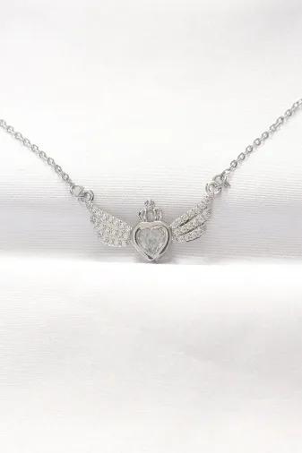 316L Çelik Silver Renk Zirkon Taşlı Kalpli Kanat Kolye TJ-BKO8515