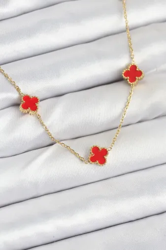316L Çelik Zincir Gold Renk Kırmızı Baby Boy Yonca Kadın Kolye TJ-BKO10580