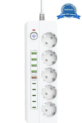 3500W Akım Korumalı 5’li Grup Priz: 5x USB + 5x Type-C Çıkışlı (2 Metre)