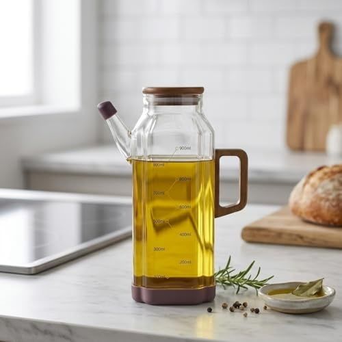 3C 131622438 Akasya Ahşap Detaylı Borosilikat Cam Yağlık Ve Sirkelik 1000 Ml - Şık, Ölçülü Ve Damlatmaz Mutfak Gereci