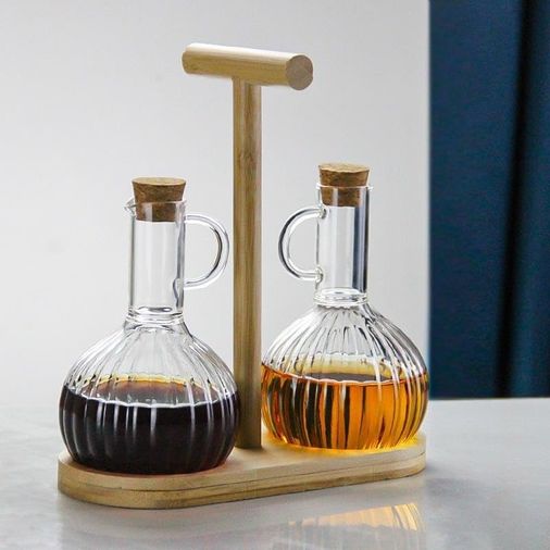 3C 133243746 2&apos Li Bambu Stand İle Cam Yağdanlık Ve Sirkelik Seti, Yemek Masası Ve Sofralarınız İçin Bambu Standlı Şık Masa Üstü Yağ Ve Sirke Şişeleri