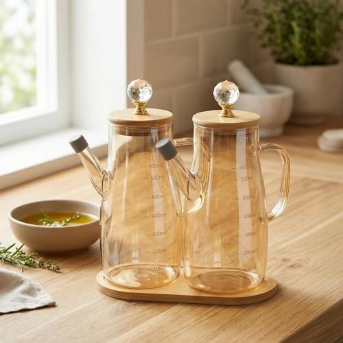 3C 133243923 Bambu Standlı 2&apos Li Borosilikat Cam Yağdanlık Ve Sirkelik Seti - Ölçü Skalalı, Gold Detaylı Damlatmaz Yağlık