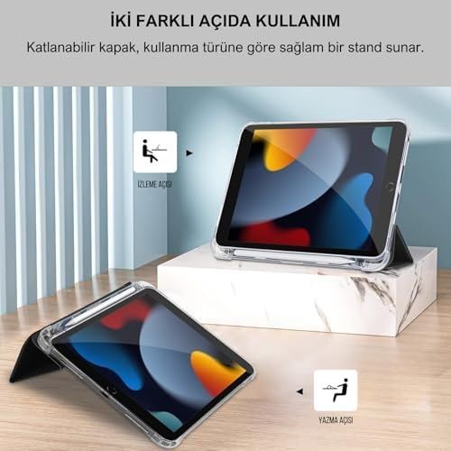 3DMakerpro 131612210 Apple İpad 10.2 İnç 2019/2020/2021 Modellerinin Tümüyle Uyumlu Uyku Modlu, Apple Pencil Kalemlikli, Trifold, Esnek, Mat, Darbeye Tam Dayanıklı Smart Tablet Kılıfı Siyah