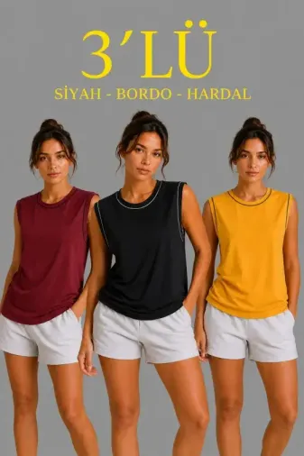 3’lü Kolsuz Sporcu Atlet Seti Yazlık Bisiklet Yaka - Siyah, Bordo, Hardal - XL - Çok Renkli