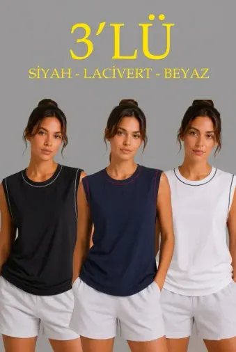 3’lü Kolsuz Sporcu Atlet Seti Yazlık Bisiklet Yaka - Siyah, Lacivert, Beyaz - XL - Çok Renkli