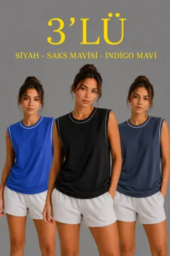 3’lü Kolsuz Sporcu Atlet Seti Yazlık Bisiklet Yaka - Siyah, Saks Mavisi, İndigo - XL - Çok Renkli