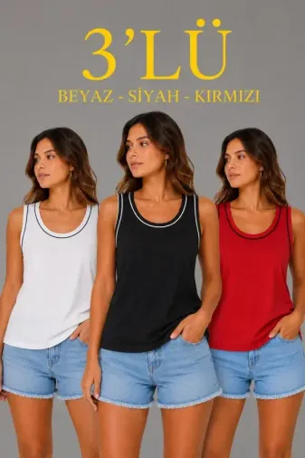 3’lü Kolsuz Sporcu Atlet Seti Yazlık Bisiklet Yakalı - Beyaz, Siyah, Kırmızı - M - Çok Renkli