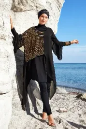 3'lü Pareolu Tasarım Likralı Tam Kapalı Tesettür Mayo Jorıe 1128 Siyah