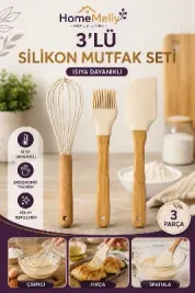 3’lü Silikon Mutfak Seti Çırpıcı Spatula Fırça Isıya Dayanıklı Bambu Saplı