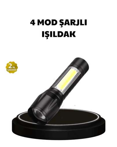 4 Mod Şarjlı Işıldak | Ultra Güçlü Cree LED | Su Geçirmez Alüminyum Gövde