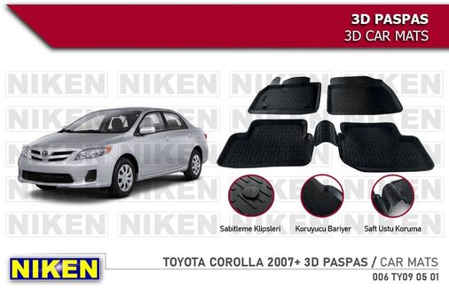 40992570 Toyota Uyumlu Corolla Havuzlu 3D Paspas Niken Siyah 2007-2012 Arası