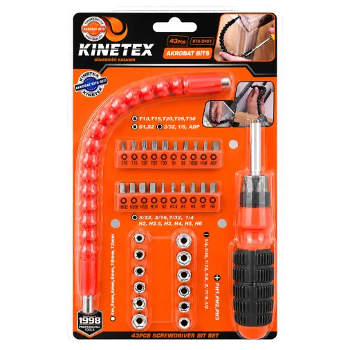 43PCS SİLİKON SAP AKROBAT UZATMALI TORNAVİDA BİTS SETİ MANYETİK UÇ TUTUCU KTX-3451 (4745)