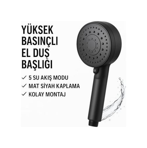 4444 Taş 128853847 Siyah Duş Başlığı Yüksek Basınçlı, Su Tasarruflu, Kolay Montaj, Kireç Önleyici, Banyo Aksesuarı