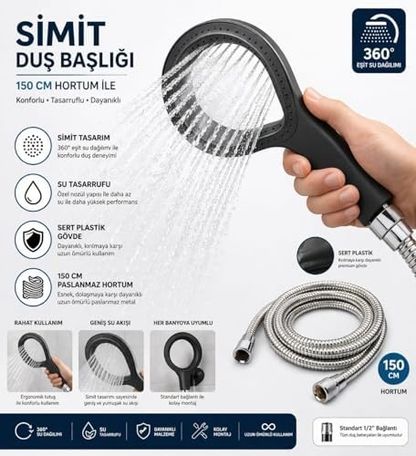4444 Taş 128854500 Simit Duş Başlığı Sert Plastik, 150 Cm Paslanmaz Çelik Hortumlu El Duşu, Yüksek Basınçlı Su Tasarruflu Duş Seti, Ergonomik Tutma Saplı Banyo Duş Başlığı