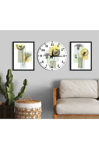 4454111000s2130 Modern Çizgisel Sanat 3'lü Duvar Dekoru Seti (2 Tablo + 1 Saat) | Pastel Tasarım | Sessiz Mekanizma