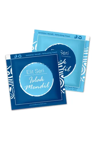 45648687687684884 Baskılı Tek Kullanımlık Elit Seri Islak Mendil 100 Adet (8X8Cm) Kare Mavi