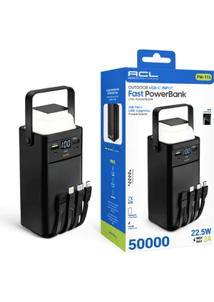50.000Mah Powerbank Pw-113 | 22.5W Hızlı Şarj, Kamp Lambalı, Dahili Kablolu Taşınabilir Şarj