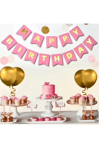 50212024 Parti Ustası  Pembe Üstüne Gold Altın Sarısı Yaldızlı Happy Birthday Yazılı Banner