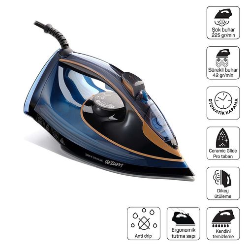 -5099- Arzum Ar6052 Steamlux Buharlı Ütü Seramik Taban 3000W, 225 Gr/min Şok Buhar, Mavi