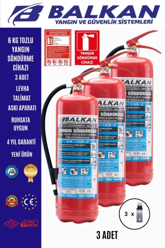 6 Kg Ruhsata Uygun 4 Yil Tozlu Yangin Tüpü 3 Adet Set (Talimat-Levha-Aski)