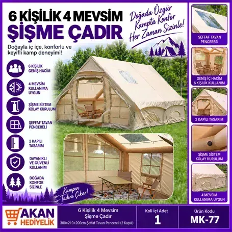 6 Kişilik 4 Mevsim 2 Kapılı Tavan Pencereli Şişme Çadır 300*210*200Cm