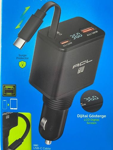 60W 3.4A, Dual Po Geri Çekilebilir Kablolu, Araç İçi Hızlı Şarj Aleti