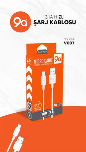 9A 3.1Ah Micro Şarj & Data Veri Kablosu V007 Hızlı Şarj Kablosu