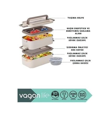 Aa Plastik 57855210125763980184975 Bento 2000Ml Lunchbox 2 Katlı 3 Bölmeli Mini Kaseli Çelik Sefer Tası Yemek Kutusu Beyaz Bakır
