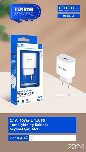 AC-1 L2 Acl L2 Powerclassic 10W 2.1A Lightning Usb Kablolu Seyahat Şarj Aleti