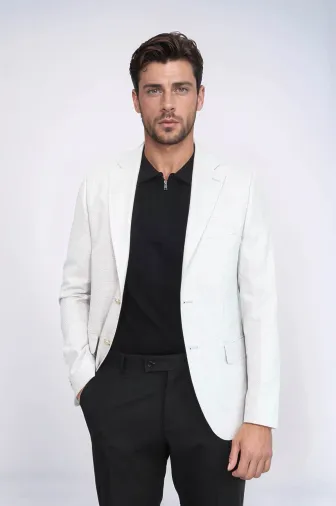 Açık Gri Balıksırtı Desenli Gold Renk Metal  Düğmeli Slim Fit Erkek Blazer Ceket - Wessi