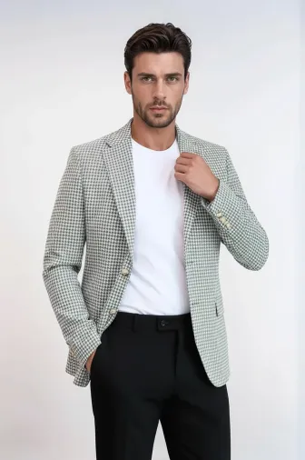 Açık Gri Kazayağı Desenli Gold Renk Metal Düğmeli Slim Fit Erkek Blazer Ceket - Wessi