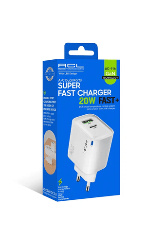 ACL Ac-116 20W Gan Teknolojili Çift Usb + Type-C Süper Hızlı Şarj Adaptörü | Pd20W + Qc3.0 Destekli | Akıllı Isı Kontrolü | Led Işıklı