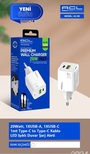 Acl Ac-96  20W 1Xusb-A 1Xusb-C 1Mt Type-C  To Type-C Kablo  Duvar Şarj Aleti