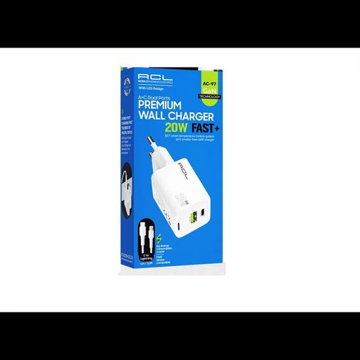 ACL Ac-98 20Watt, 1Xusb-A 1Xusb-C, Led Işıklı Duvar Şarj Aleti