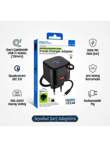 ACL AC119 20W Pd + 3.4A Hızlı Şarj | Geri Çekilebilir Usb-C Kablolu Seyahat Adaptörü