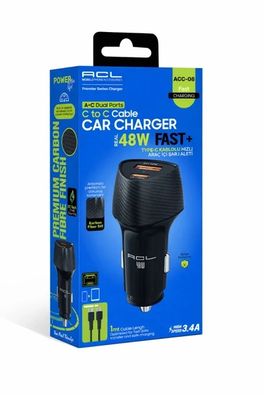 ACL Acc-05 48W 3.4A, Şeffaf Usb-A + Ubs-C Çıkışlı, Araç Içi Hızlı Şarj Aleti