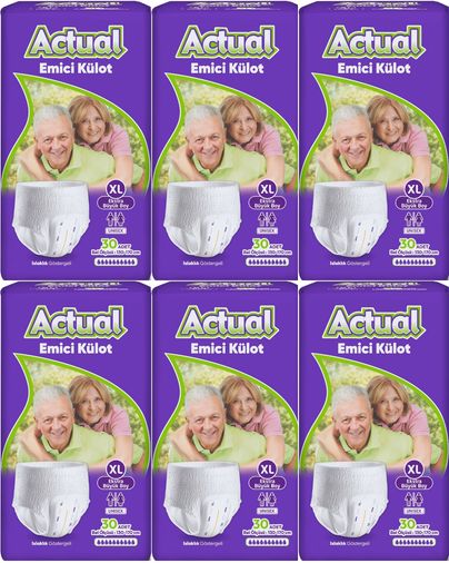 Actual Emici Külot Yetişkin Bezi XL - Extra Large - Ekstra Büyük (Islaklık Göstergeli) 180 Adet (6PK*30)