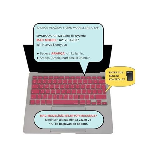 Aebo 131612376 Macbook Air Klavye Koruyucu Arapça Baskılı Uk Iso Ters L Enter Uyumlu A1932 A2179 A2337 M1 Avrupa İngilizce Silikon Keyboard Cover Açık Pembe Açık Pembe