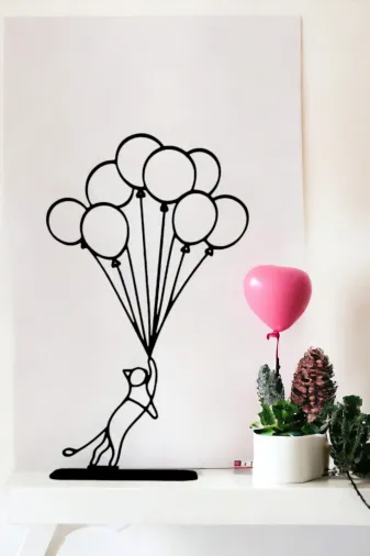 AHWALL AHW3D00024 Geometrik Serisi Premium, Balon Tutan Kedi Dekoratif Biblo & Figür, Masaüstü Stantlı