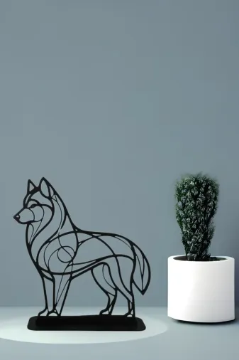 AHWALL AHW3D00025 Geometrik Serisi Premium, Husky Köpek Dekoratif Biblo & Figür, Masaüstü Stantlı